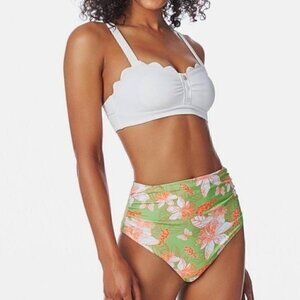 NWT High Waist Bikini Set Size XXL White Green Orange Floral Print